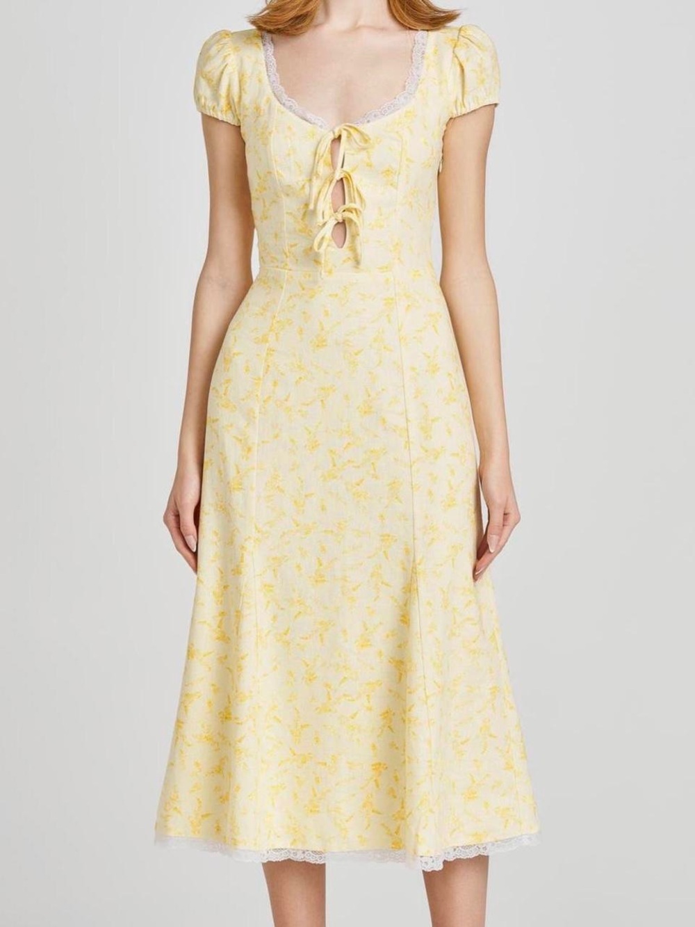 WAYF Yellow Floral Lace Up Midi Dress Puff Sleeve Lined Cottagecore Size M